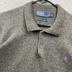 Polo Ralph Lauren Men XXL Gray 100% Lambswool Long Sleeve Polo Sweater Pony Logo